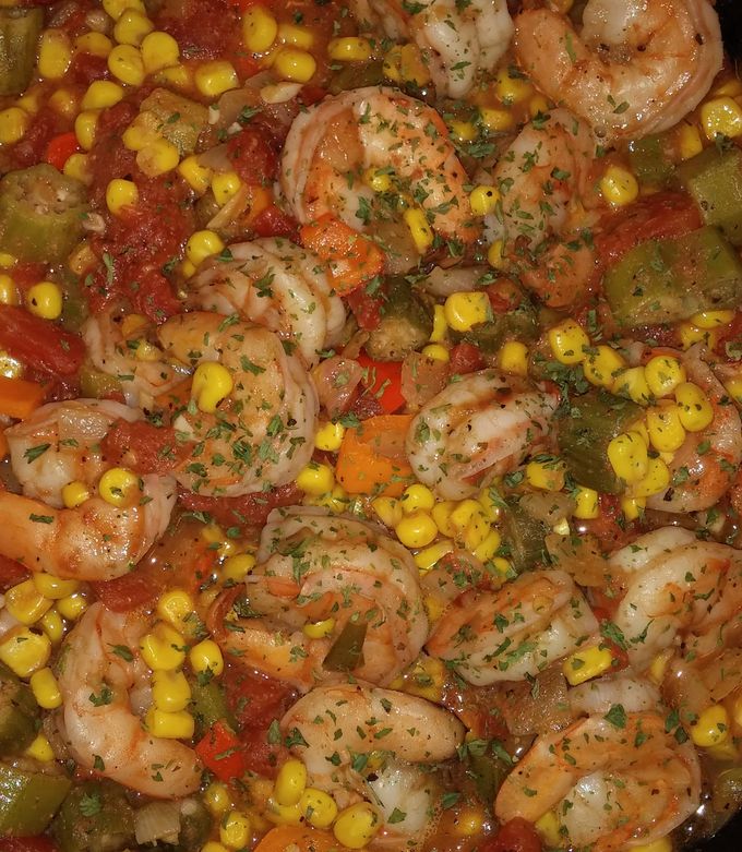 A picture of Creole Succotash with Shrimps.