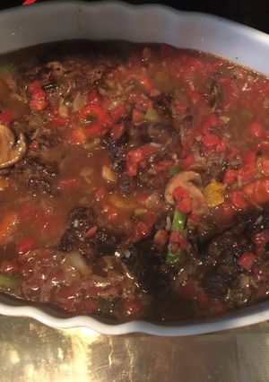 A picture of Hamburger Steaks With Onion And Mushroom Gravy.