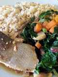 Baked teriyaki salmon with stir fried vegetables and fried rice