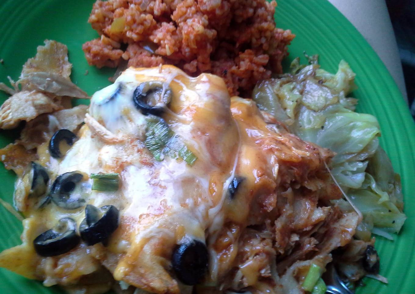 Chicken Enchiladas Spanish Rice Fried Cabbage