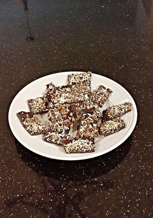 A picture of Dark Chocolate Toasted Coconut Crispy Bark.
