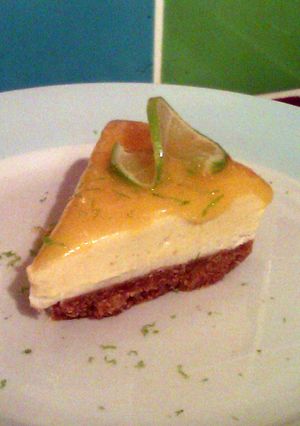A picture of Vickys Unbaked Mango & Lime Cheesecake with Raw Vegan Option.