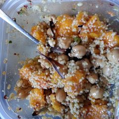 A picture of Cous Cous with farmers market Roasted Butternut squash and red onions.