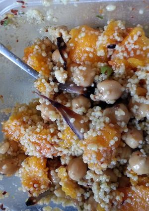 A picture of Cous Cous with farmers market Roasted Butternut squash and red onions.