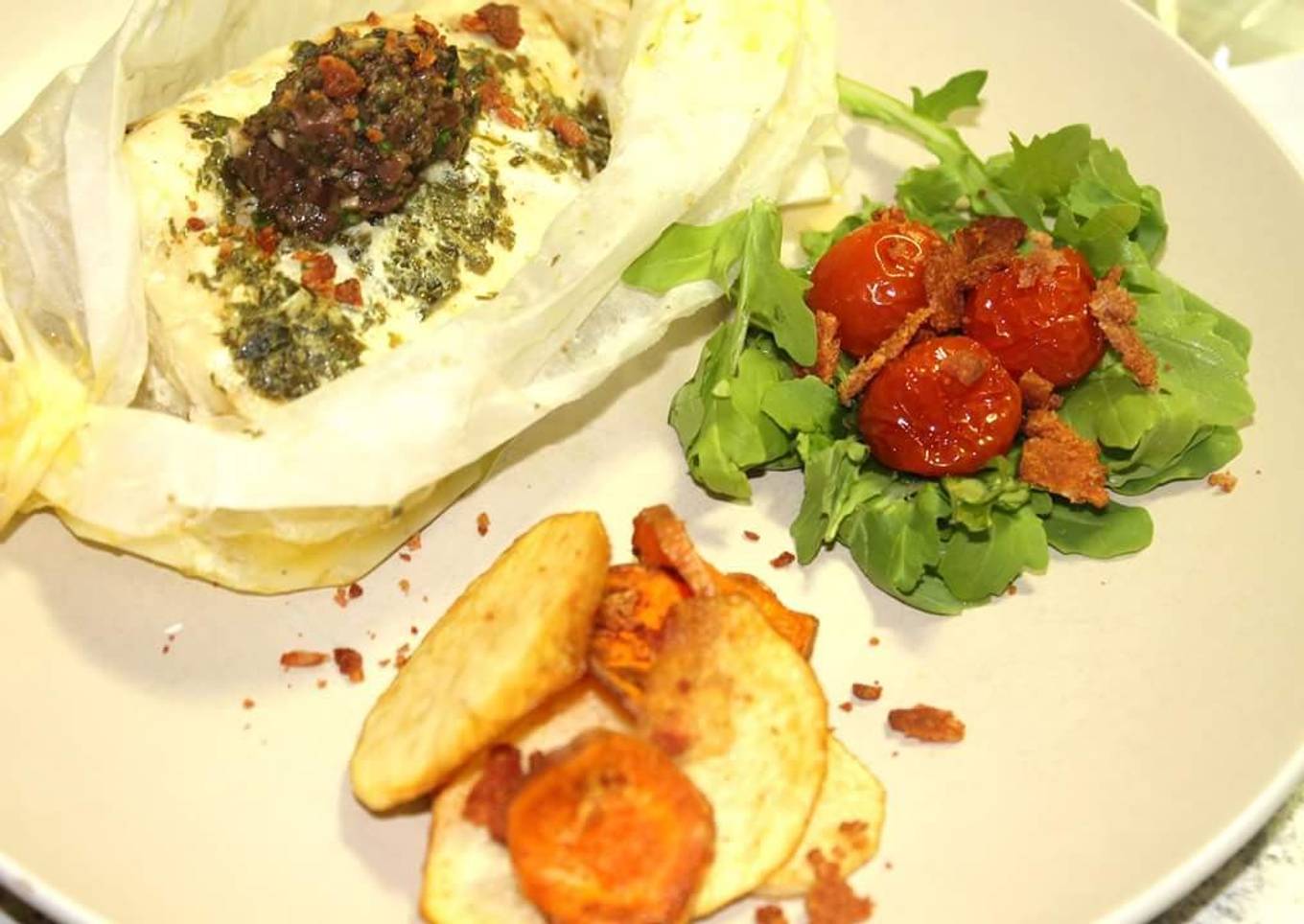 FISH POCKETS, TEPENARD, ROAST CHERRY TOMATOES, VEGGIE CHIPS and BACON CRUMBLE