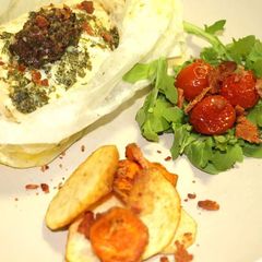 A picture of FISH POCKETS, TEPENARD, ROAST CHERRY TOMATOES, VEGGIE CHIPS and BACON CRUMBLE.