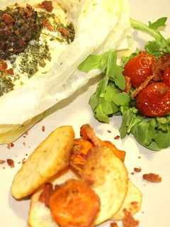 A picture of FISH POCKETS, TEPENARD, ROAST CHERRY TOMATOES, VEGGIE CHIPS and BACON CRUMBLE.