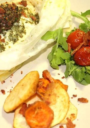 A picture of FISH POCKETS, TEPENARD, ROAST CHERRY TOMATOES, VEGGIE CHIPS and BACON CRUMBLE.