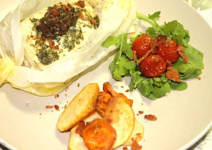 How to Make Super Quick Homemade FISH POCKETS, TEPENARD, ROAST CHERRY TOMATOES, VEGGIE CHIPS and BACON CRUMBLE