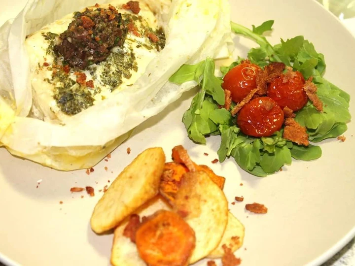Easy Steps to Prepare Recipe FISH POCKETS, TEPENARD, ROAST CHERRY TOMATOES, VEGGIE CHIPS and BACON CRUMBLE that is  Makes Drooling, Perfect}