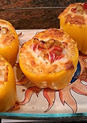 A picture of Healthy chicken-stuffed peppers.