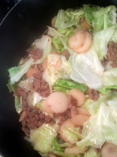 A picture of cabbage and hamburger.