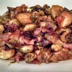 A picture of Roasted Brussel Sprouts with Bacon and Apples.