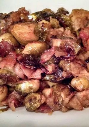 A picture of Roasted Brussel Sprouts with Bacon and Apples.