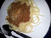 A picture of spaghetti with liver