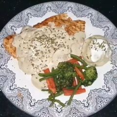 A picture of Chicken steak with mushroom sauce.