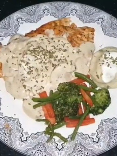 A picture of Chicken steak with mushroom sauce.