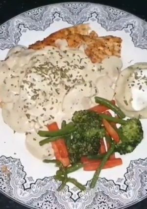 A picture of Chicken steak with mushroom sauce.