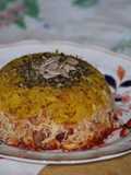 Budín con; pollo deshilachado y arroz al curry