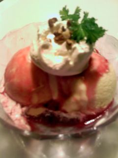 A picture of pomegranate syrup on ice cream.