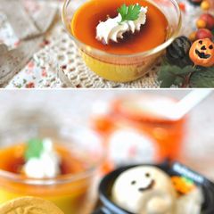 A picture of Rich Kabocha Squash Caramel Pudding and Ghost Cookies.