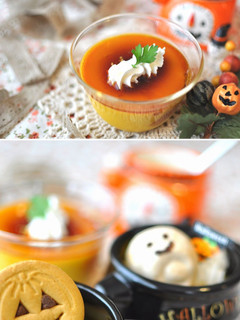 A picture of Rich Kabocha Squash Caramel Pudding and Ghost Cookies.