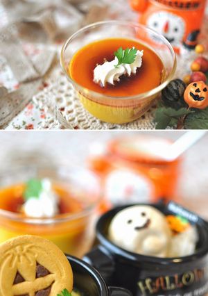 A picture of Rich Kabocha Squash Caramel Pudding and Ghost Cookies.