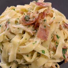 A picture of Pasta with Bacon, Lemon and Pine Nuts.