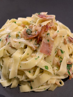 A picture of Pasta with Bacon, Lemon and Pine Nuts.