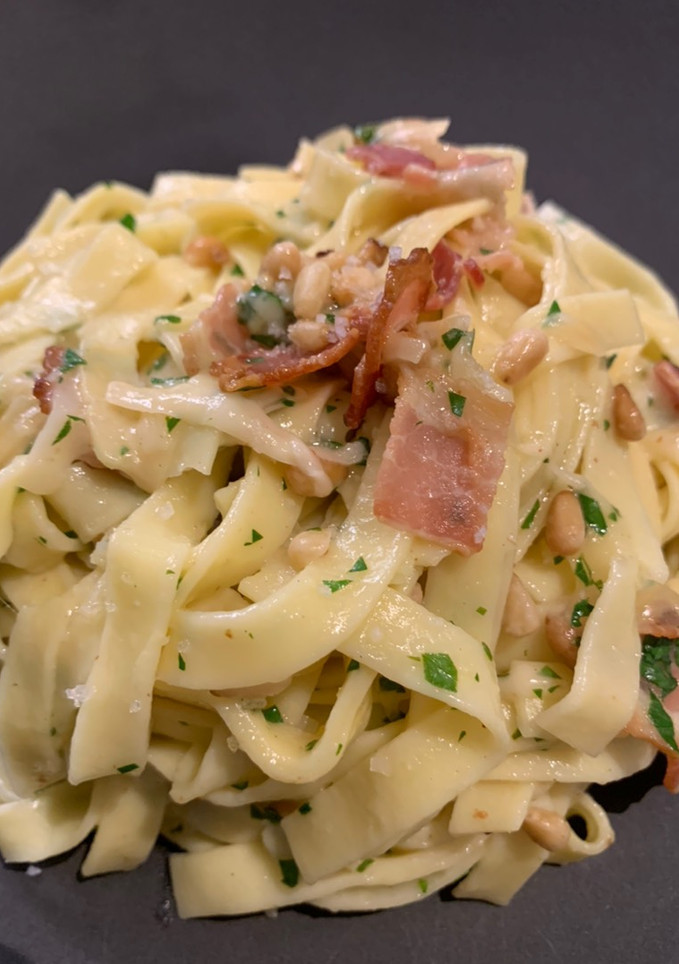 A picture of Pasta with Bacon, Lemon and Pine Nuts.