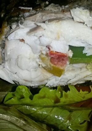 A picture of Sig's Sea Bass, stuffed and then coated in spicy Breadcrumbs.