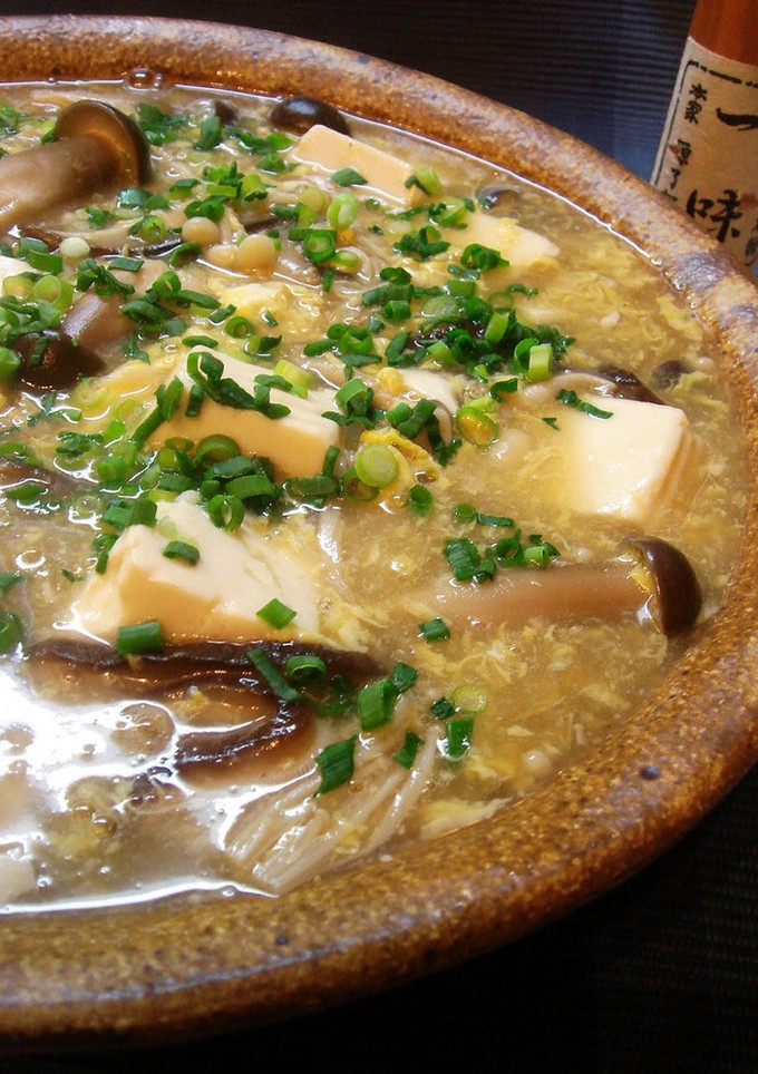 A picture of Mushrooms and Tofu Simmered With Egg.