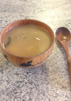 A picture of Miso soup with Aubergine.