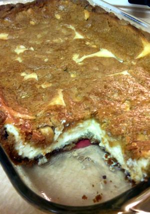 A picture of White chocolate chip macadamia nut chocolate chip cheesecake.