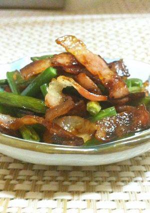 A picture of Quick and Easy! Garlic Shoots and Bacon Stir-Fry.