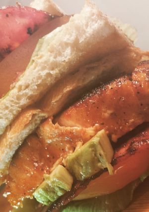 A picture of Bbq Salmon B.L.T w / Turkey Bacon and dijon mustard.