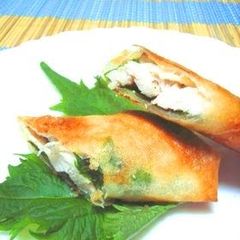 A picture of Chicken Spring Rolls with Salt-Cured Plum and Shiso Leaf.