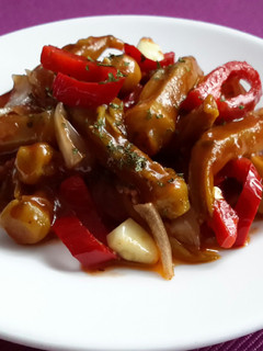 A picture of Sig's Okra with Tomatoes and Italian Sweet Peppers.