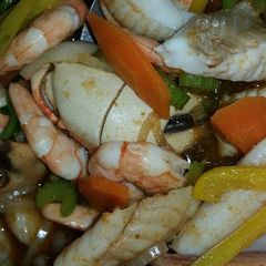A picture of Crab claw Shrimp & fish soup.