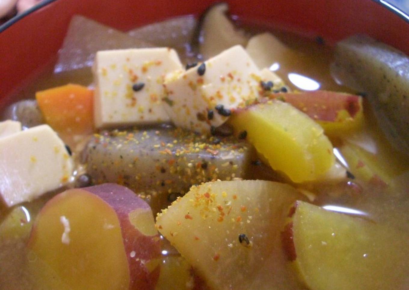 It is filled with miso, pork and sweet potato soup