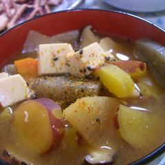 A picture of Filling Soup with Miso, Pork, and Sweet Potatoes.