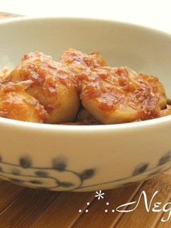 A picture of Sweet and Salty Stir Fried and Simmered Sweet Potato and Bonito Flakes.