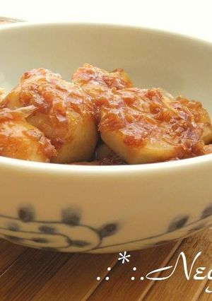 A picture of Sweet and Salty Stir Fried and Simmered Sweet Potato and Bonito Flakes.