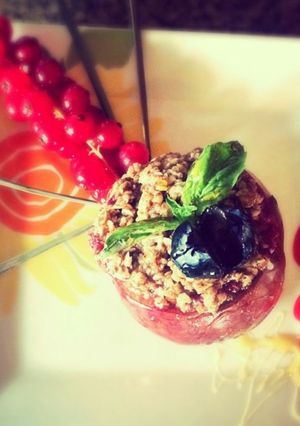A picture of Baked Apple with whole grains and coconut oil.