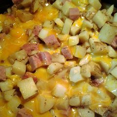 A picture of cheese spam and taters.