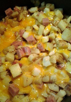 A picture of cheese spam and taters.