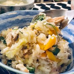 A picture of Mixed Rice with Salmon, Seasonal Veg and Cheese on the Top 🍚.