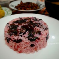 A picture of Red Amaranth (Leaf/ Saag) with Rice.