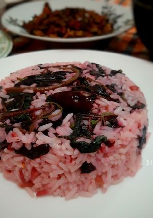 A picture of Red Amaranth (Leaf/ Saag) with Rice.