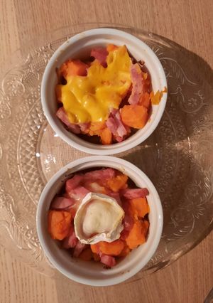 Une photo de Gratin : patate douce, lardons et chèvre